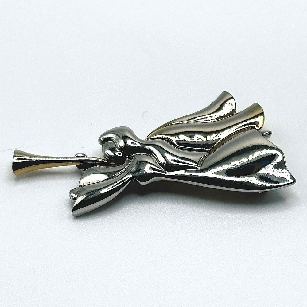 Vintage Silver Gold Tone Angel Trumpet Brooch Pin Celestial Holiday Jewelry
